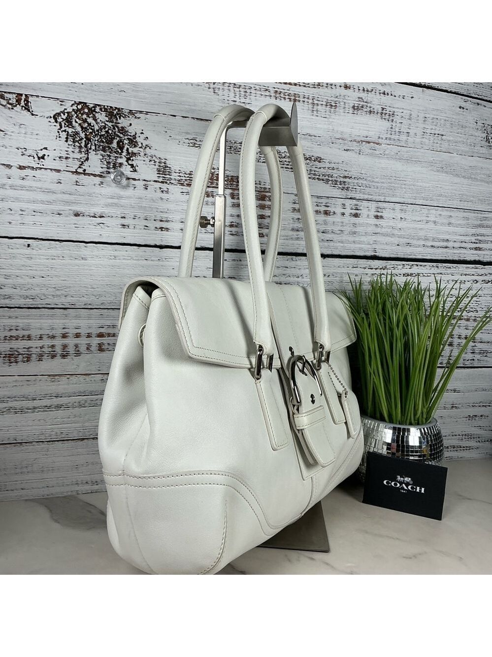 Coach Buckle Vintage Hand Shoulder Bag Soho‎ White Leather Satchel Silver Hardwa - Picture 6 of 16